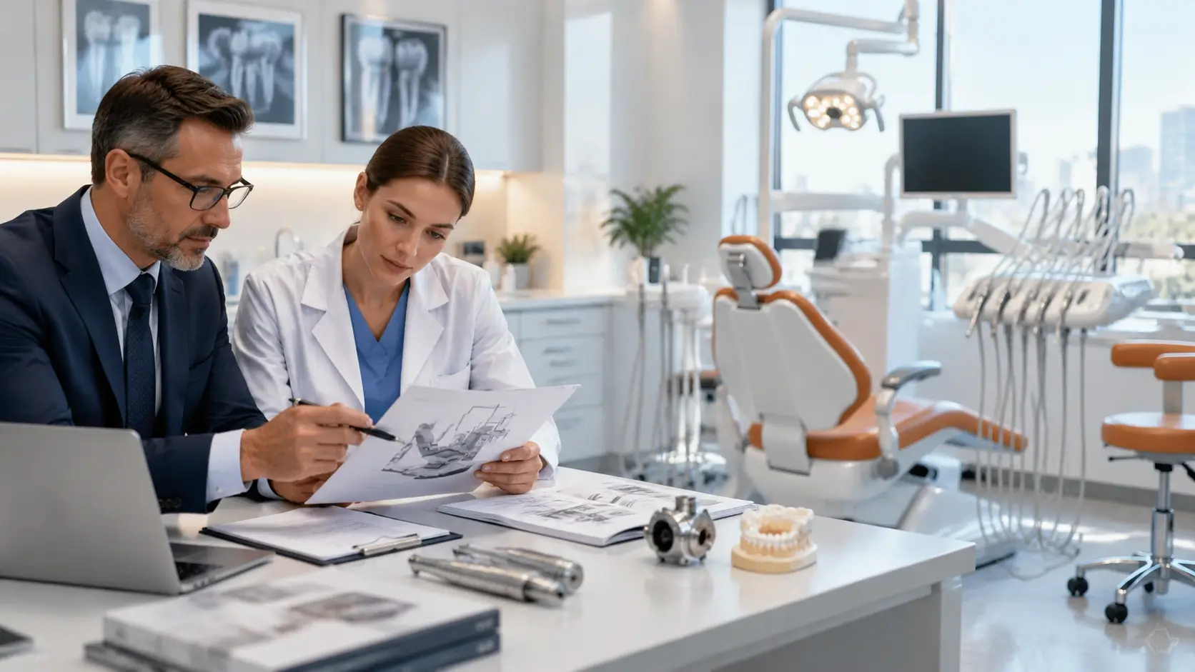 Dental unit buyer reviewing GD-S450 floor-fixed dental unit specifications in a modern clinic
