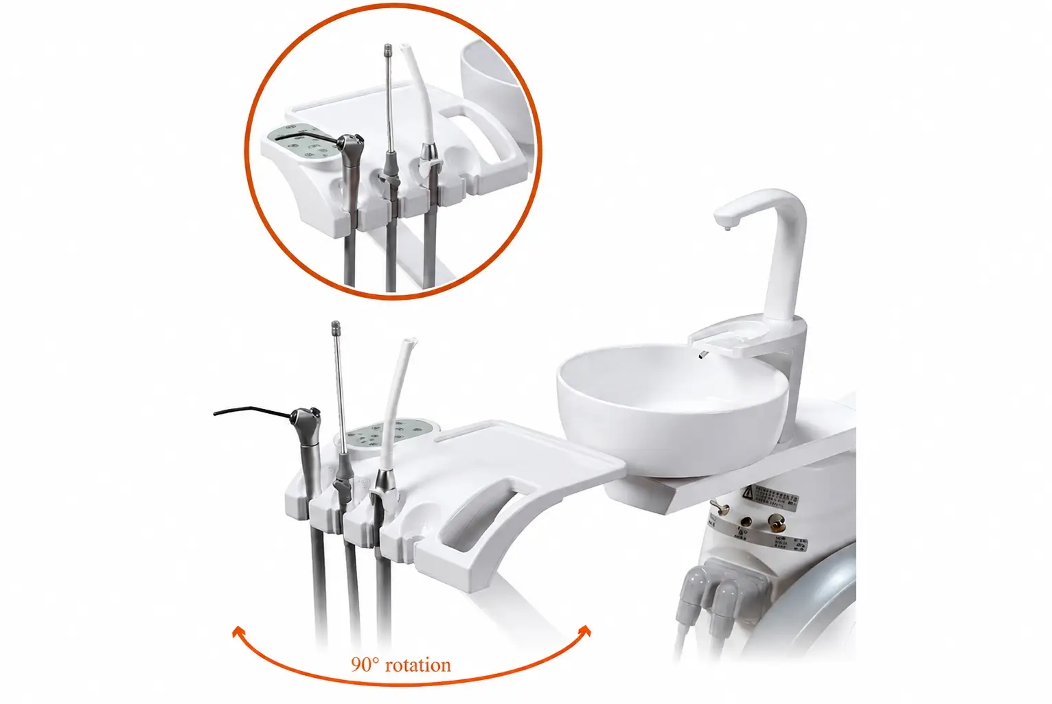 GD-S200 Plus integral dental unit assistant tray layout with chairside suction components and 90 degree rotation design