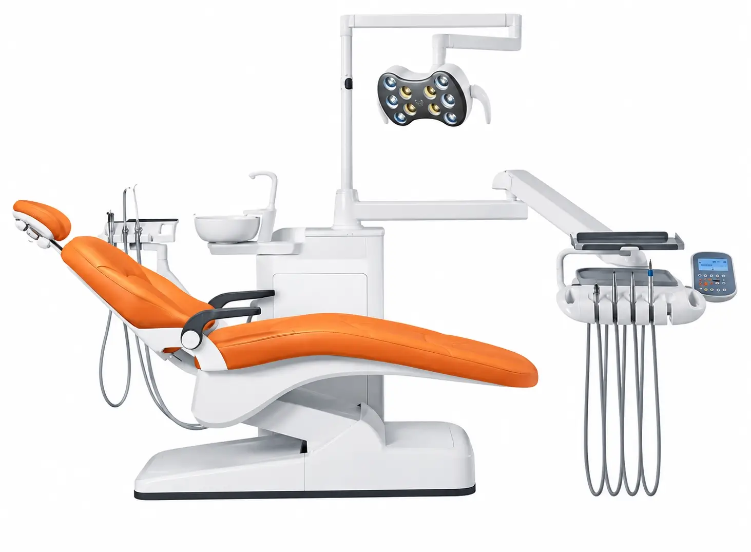 GD-S450 floor-fixed dental unit with integrated dental chair, light, and instrument tray configuration