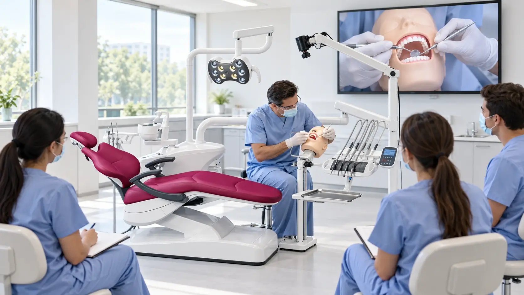 An instructor demonstrates a procedure on a dental mannequin while students observe, with a camera arm and large screen showing a close-up view.