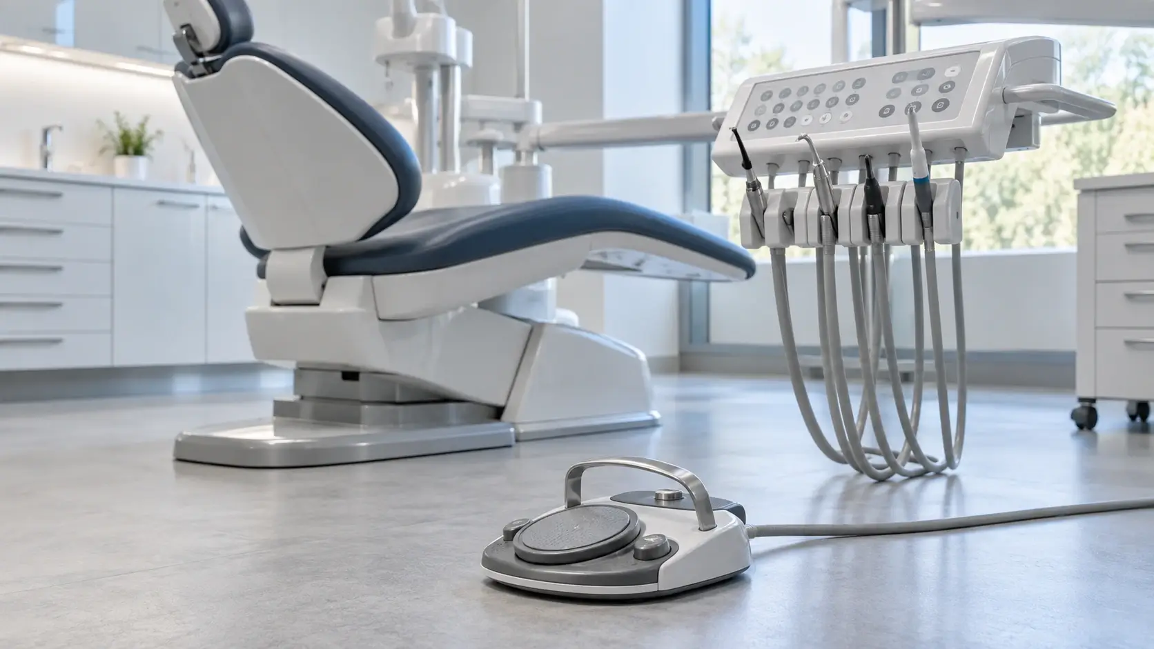 Modern dental operatory with foot pedal, dental chair, and doctor control panel