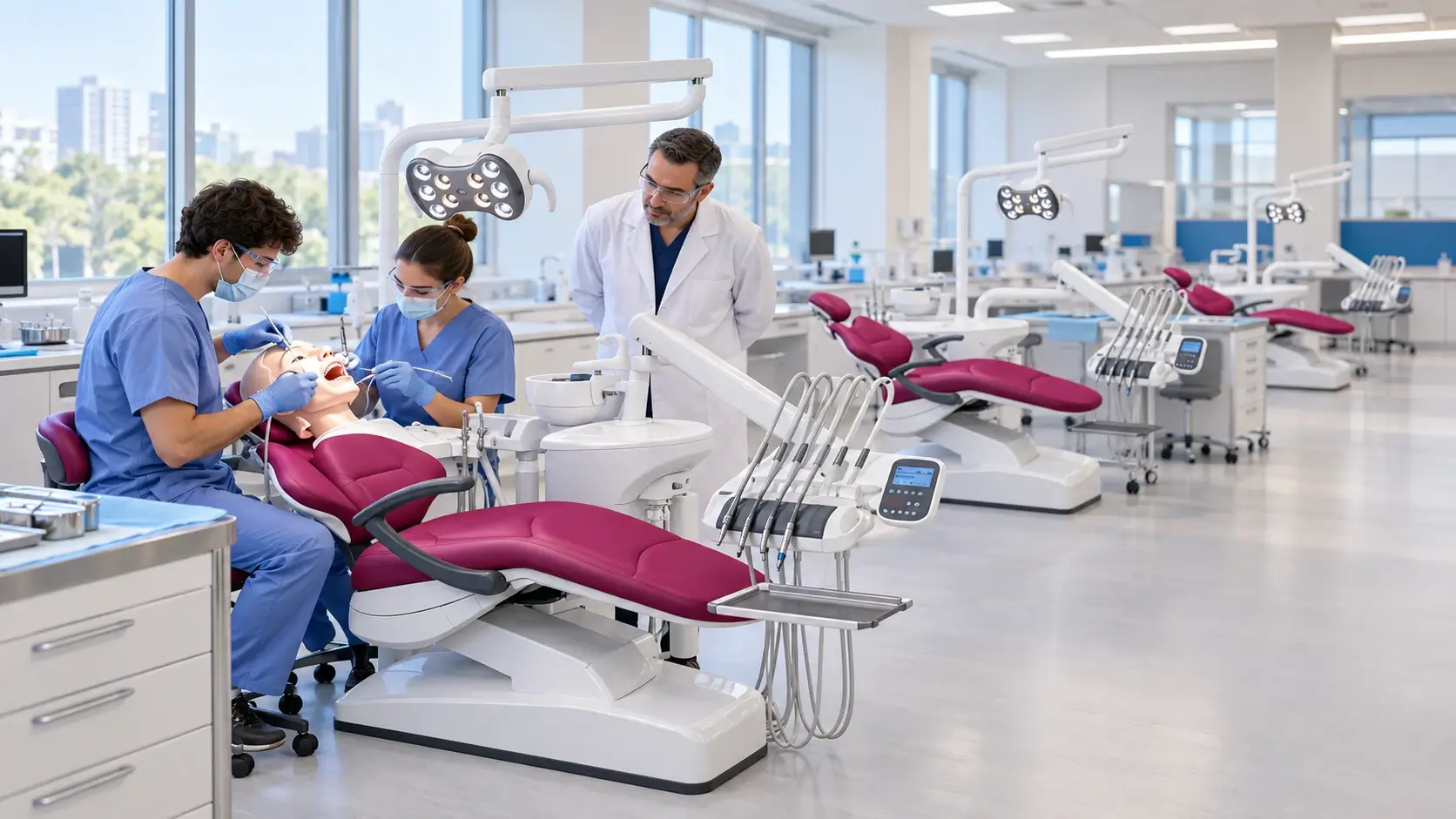 Two dental students practice on a dental mannequin while an instructor observes; several dental chairs are visible in the teaching lab.